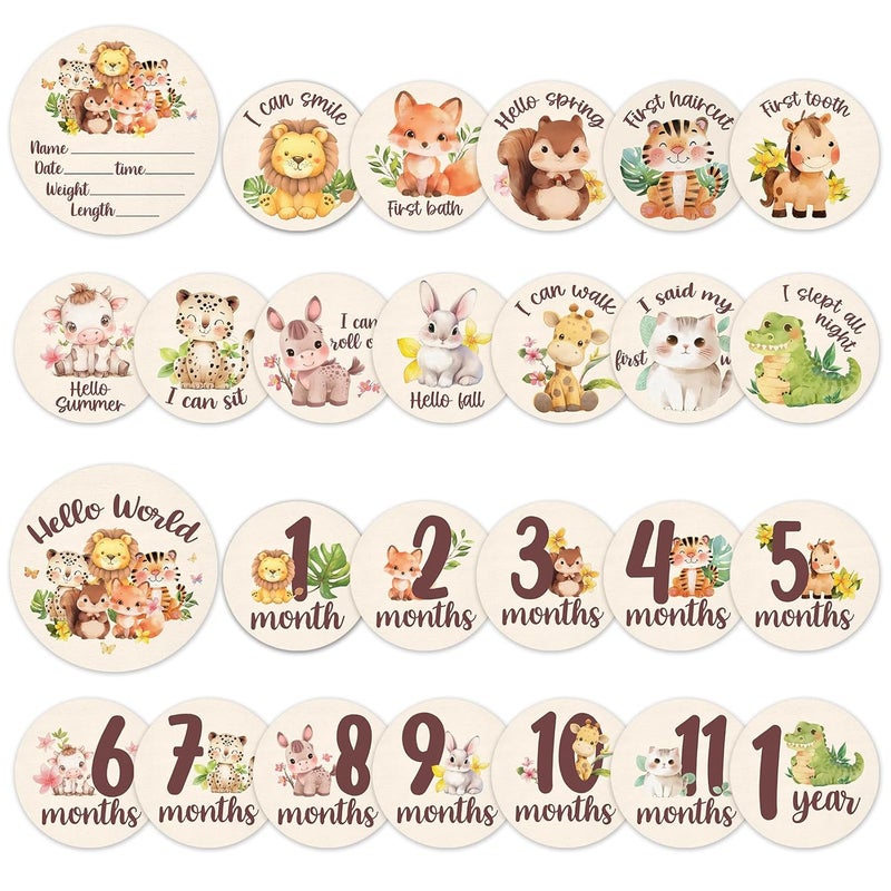 MCIAONE Baby Monthly Milestone Cards Sign - 13 Double Sided Little Animals Milestone Cards, Fox Pattern Wooden Circles Discs for Photo Props Cat Newborn Announcement Marker, Baby Shower Newborn Sign Gift Set - Image 1